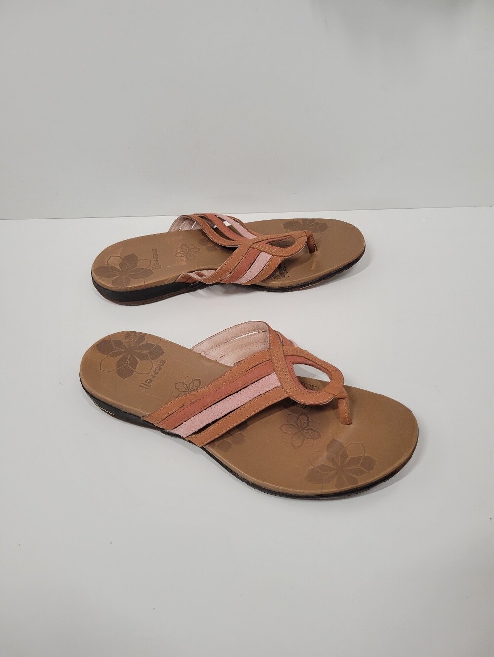 Merrell Lidia Brown Sugar Tan Pink Leather Slip On Flip Flop Sandals Women Sz 9